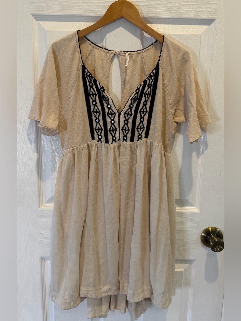 Free People Dress Small Ivory Black Embroidered Beaded Boho High Low Babydoll